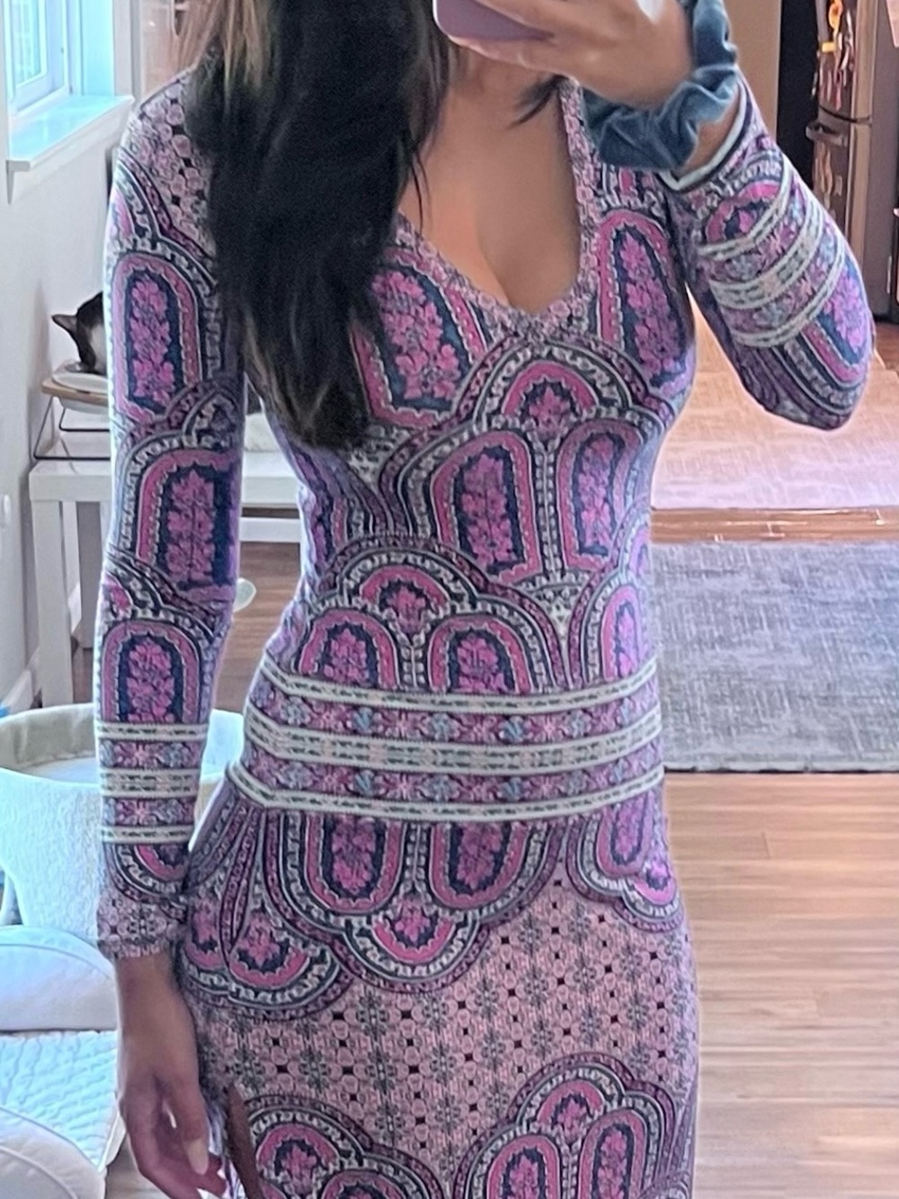 BCBGMaxAzria Pink and Purple Printed Long Sleeve Dress